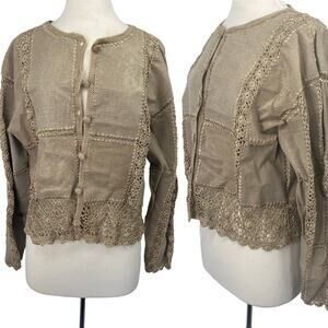 Vintage Leather Jacket Collarless Tan Textured Crochet Detail Button Up Womens L